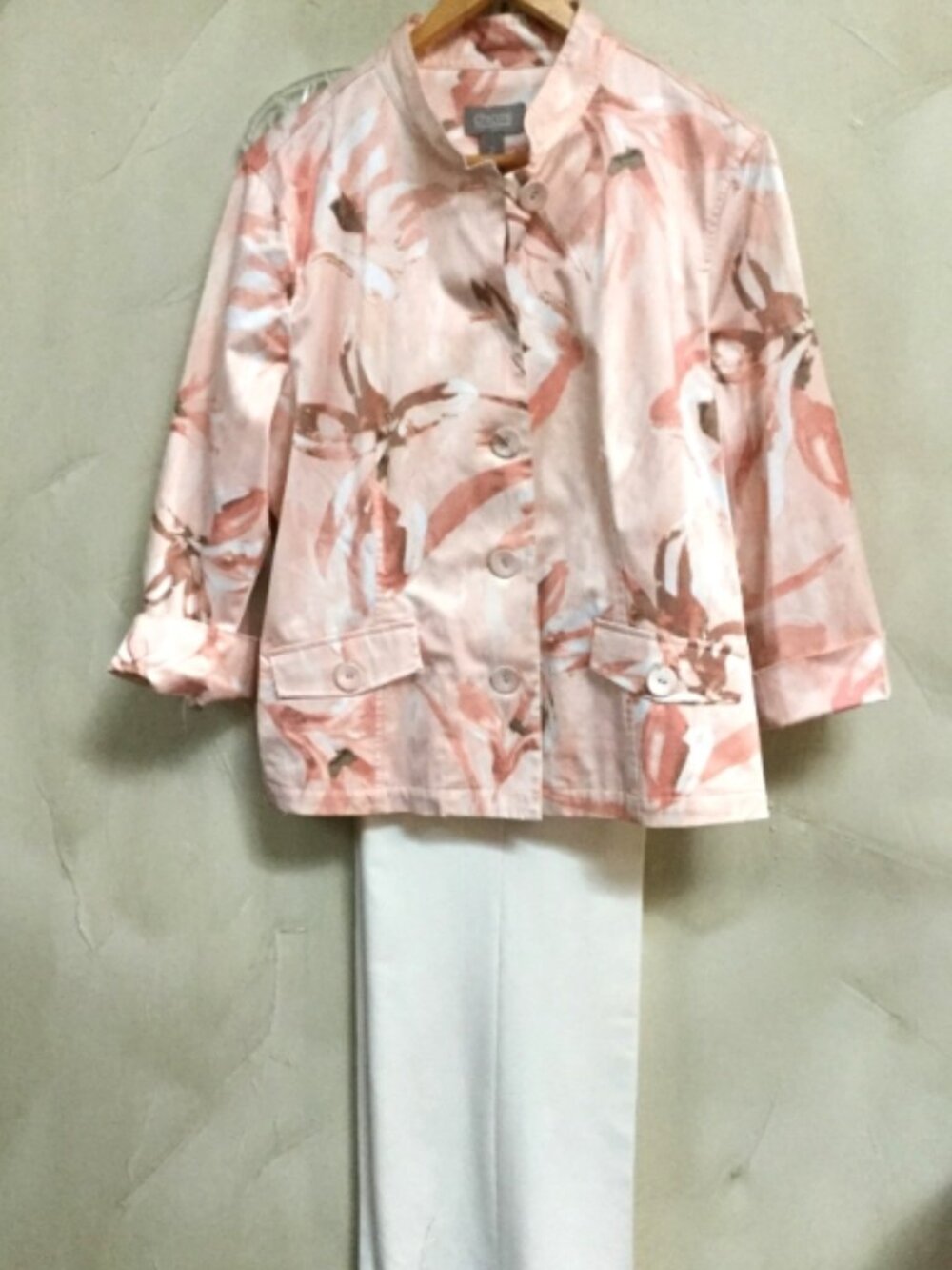 Chico's Size 2 Women US siz 8 Small Blazer Jacket Career 3/4 Sleeves Peach White